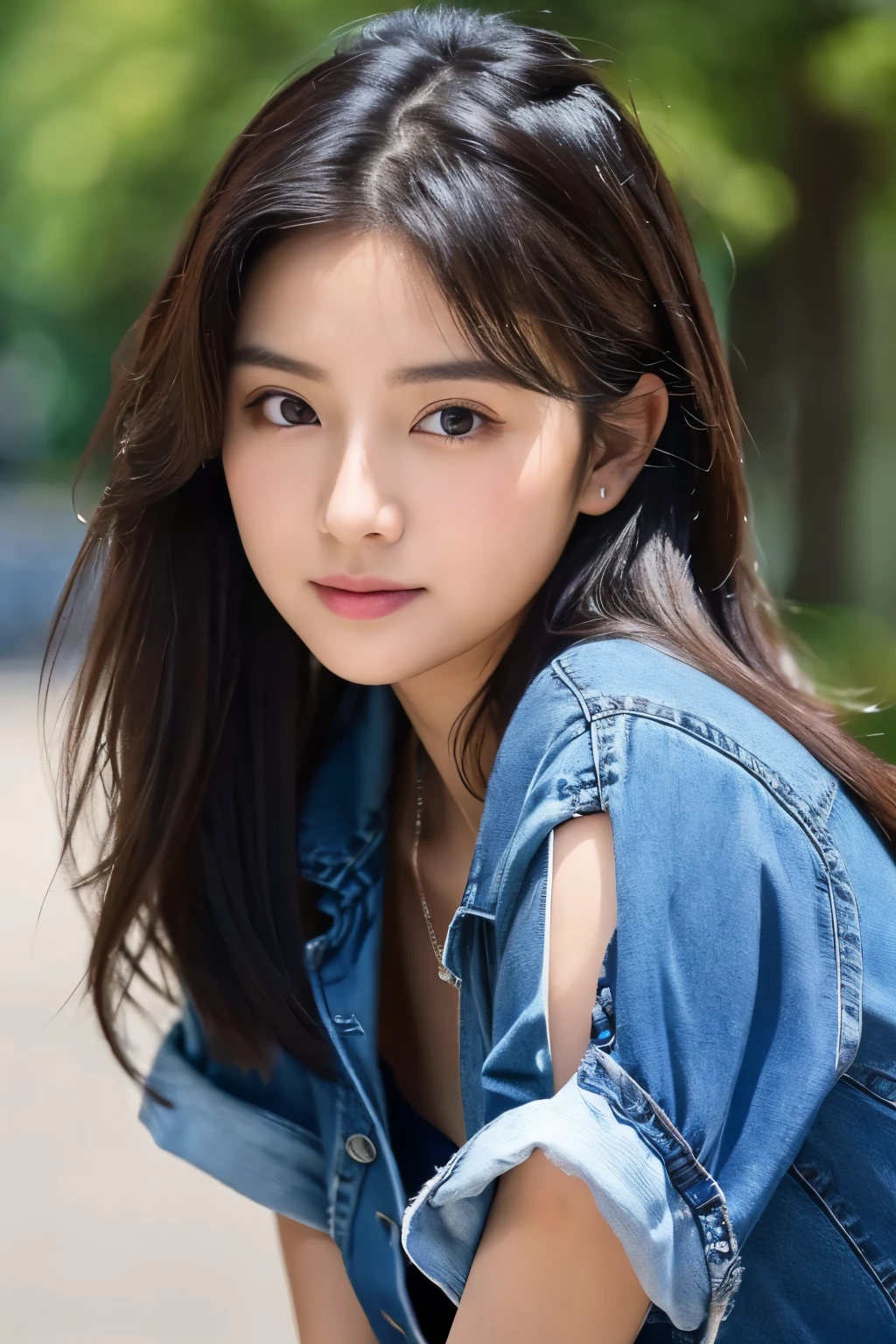 arafed woman in a denim jacket and black top posing for a picture, headshot profile picture, with round face, high quality portrait, 🤤 girl portrait, profile image, portait photo profile picture, young cute wan asian face, inspired by Kim Jeong-hui, inspired by Yanjun Cheng, xision wu, south east asian with round face, realistic. cheng yi