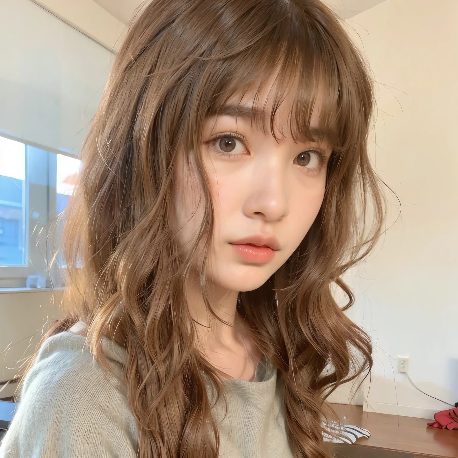 Close up of woman with long hair wearing gray shirt, Fluffy bangs, Brown bangs, Larisa Manoval, With bangs, cabelo arrumado With bangs, curtain fringe, Jinyoung Canella, Best Face, cabelo castanho With bangs, cabelos longos With bangs, split center bangs, cabelo longo castanho With bangs, brown hair and bangs, bangs and wavy hair