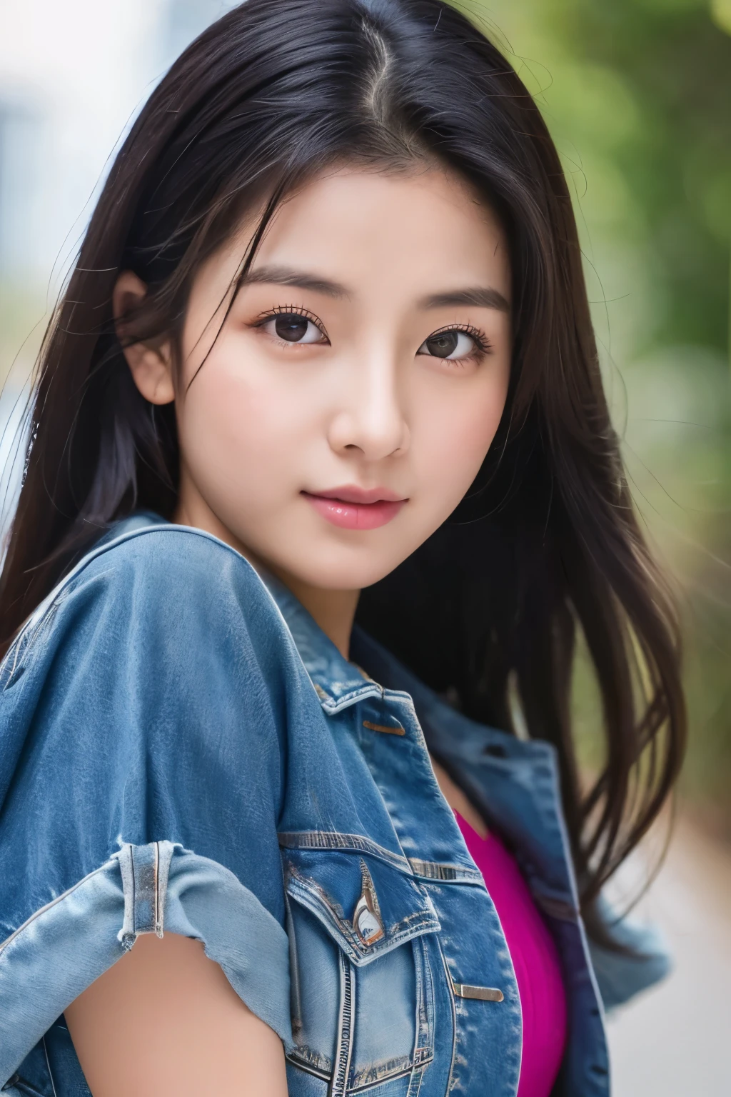 arafed woman in a denim jacket and black top posing for a picture, headshot profile picture, with round face, high quality portrait, 🤤 girl portrait, profile image, portait photo profile picture, young cute wan asian face, inspired by Kim Jeong-hui, inspired by Yanjun Cheng, xision wu, south east asian with round face, realistic. cheng yi