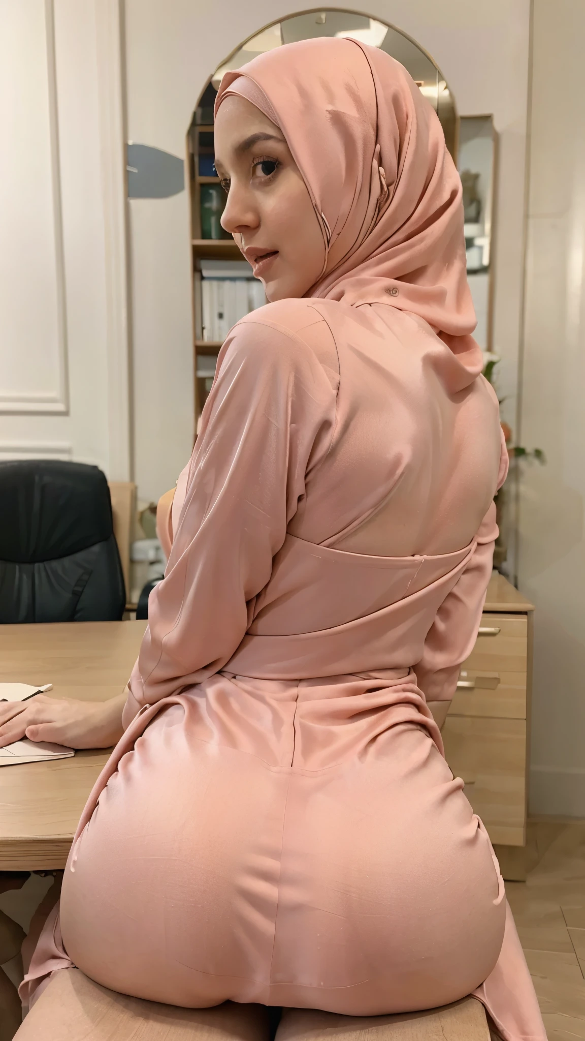 25 years old, light pink hijab, upskirt, lying on table, office, pale skin, skinny, horny face, teasing, screaming, waist shot, view from side back, luxury dress, satin, late night, dim, facing viewer