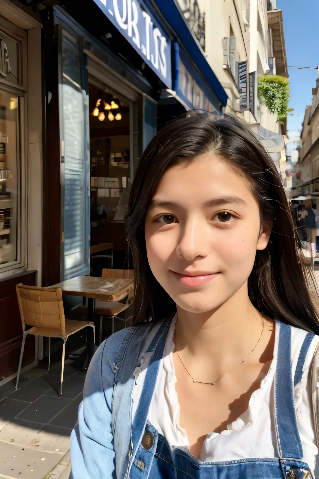 Mood photo for advertising, scene outsde a sidewalk cafe, coffee tables with blue-white-patched table cloth, frontal shot of exterior, 16 yo girl, Close-up selfie, standing outside of the cafe, besides cobblestone pavement, in paris, morning sunshine from window, photorealistic, selfie 