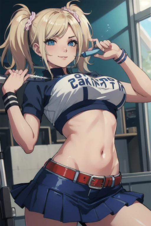 ((masterpiece, best quality, high resolution, UHD, pixel perfect, depth of field, 32k)), 1 girl, (Julieta starling, two long pigtails, animator, crop top, clothing writing, ((blue pencil miniskirt)), shiny skin , dripping water all over the body, thighs, belt, wristband, midriff, blonde hair, blue eyes:1.3)(School gym, wink, happy), big breast, tits, white panties, BREAK, holding a chainsaw in pose heroic