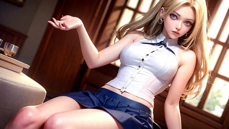 ((masterpiece, Top quality, Ultra-clear, HD)), Solitary, beautiful girl, Shining eyes, Perfect eyes, 18 years old, winry rockbell, winry rockbell, blue eyes, Blonde Hair, off and on long hair, skirt, shirt, Jewel-like, white shirt, pleated skirt, ear nipple ring, Sleeveless, blue skirt, arms, Sleeveless shirt, off and on indoors, off and on looking at viewer, off and on (masterpiece:1.2), Best quality, high resolution, Unity8k wallpaper, (Implications:0.8), (Beautiful and delicate eyes:1.6), Extremely detailed face, perfect ligthing, Extremely detailed CG, (Perfect hands, perfect anatomy),
