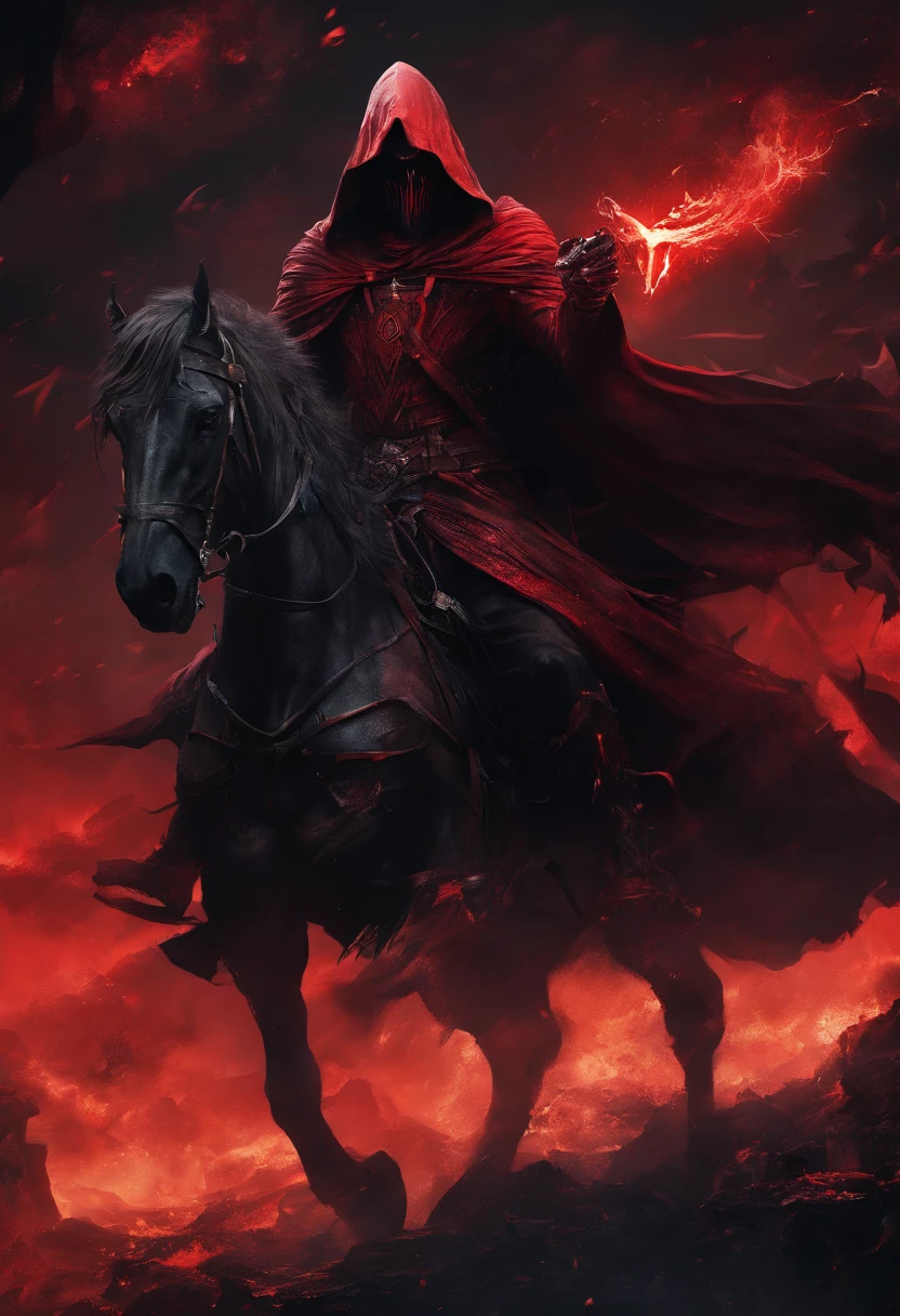 (ultra-detailed CG unit 8k wallpaper, Master parts, Best quality, depth of fields, hdr, complex), Tall, The sinister Dark Assassin wears red eyes mask,((grim reaper)), Bright red eyes,Light and dark armor,Behind him,He wears a low-key red cloak。,Holding a sharp dagger in his arms,Step into the burning village, (complex: 1.4) (Master parts: 1.4) (illustration: 1.4), Red studio lighting, Post-processing, 8K resolution, deep dark background, imponent, Well-composed photos, Impressive, dark fantacy (director: greg rutkovsky: 1.2), (darken: 1.5)(multiple persons:1.5, ride a evil horse, zombie horse, red eyes