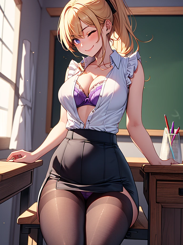 (highest quality, High resolution, perfect pixel, Depth of bounds written, 4K), upper body, (chair), (desk), (looking down), (detailed eyes), (1 lady), tall, (skinny body:1.2), (thin thighs:1.2), (Narrow hips:1.2), (teacher:1.2), (white sleeveless frilled shirt:1.2), (cleavage), (purple bra), middle breasts, blond hair, (ponytail:1.2), (black pencil skirt1.2), (high waist), (side slit), (purple panties under pantyhose:1.2), (reclining with knees up), (seductive smile), one eye closed, 