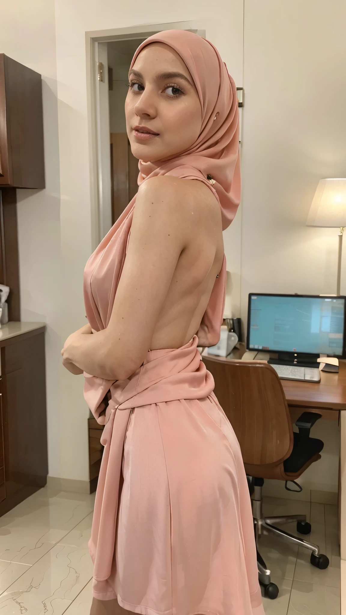 25 years old, light pink hijab, upskirt, lying on table, office, pale skin, skinny, horny face, teasing, screaming, waist shot, view from side back, luxury dress, satin, late night, dim, facing viewer