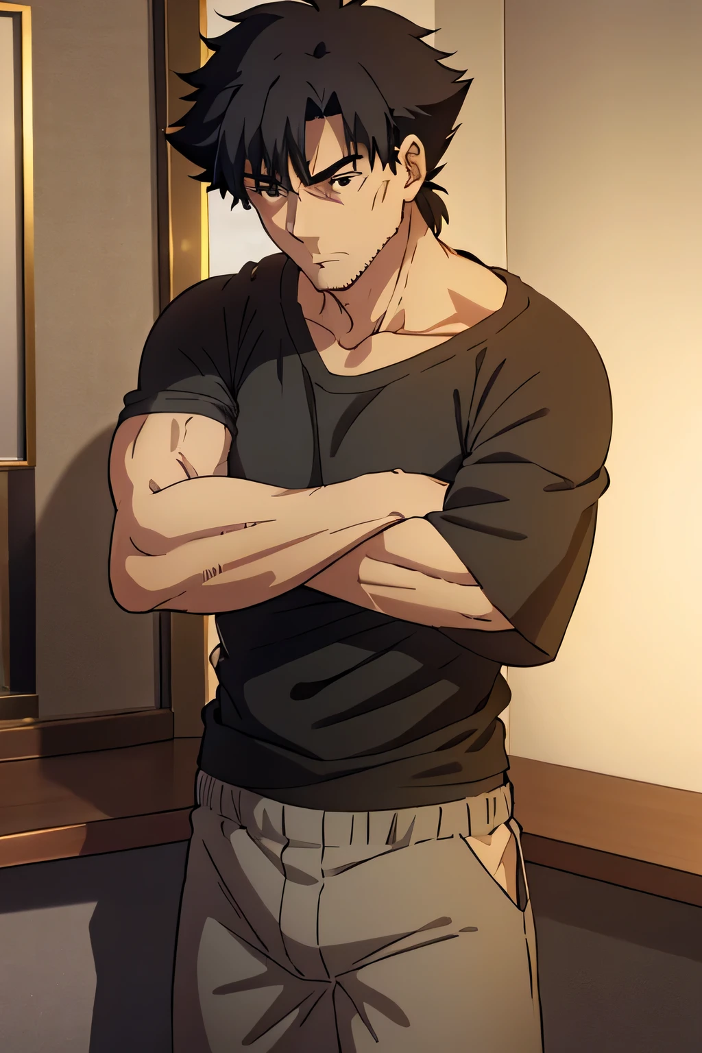 Kiritsugu is sitting and flexing his biceps and abs. He wears black short boxershorts. You can see his thighs. He looks annoyed. He has bulging veins on his arms. He wears a black tshirt with short sleeves. His right sleeve is completely rolled up so you can see his entire arm and shoulder. He is showing his abs too.