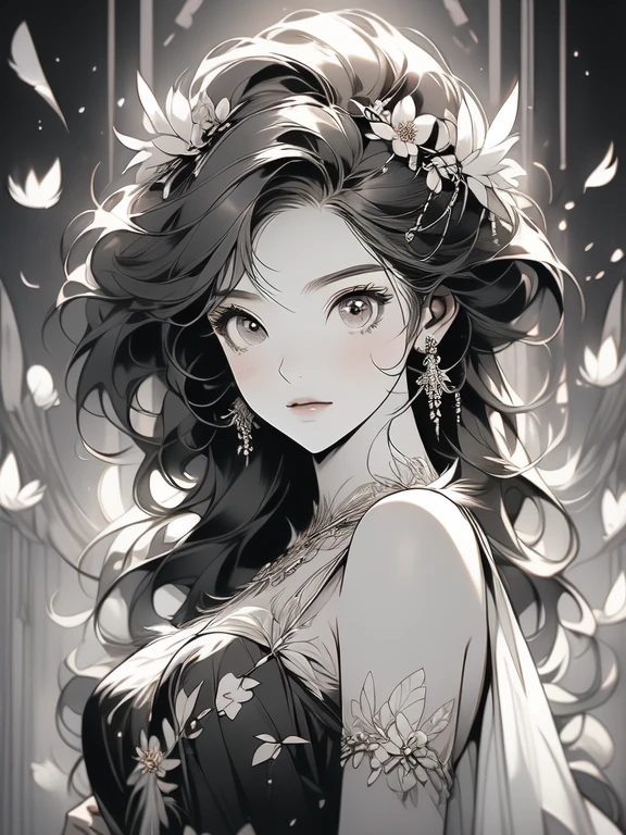 (masterpiece, top quality, best quality, official art, beautiful and aesthetic:1.2), (1girl:1.3), extremely detailed,(fractal art:1.1),(colorful:1.1)(flowers:1.3),highest detailed,(zentangle:1.2), (dynamic pose), (abstract background:1.3), (shiny skin), (many colors:1.4), (feathers:1.5), nsfw:1.5, cyber sttyle girl, 1girl, solo, short hair, in nightclub ,bar, bare shoulders, BREAK, rainbow hair,long hair, breasts out:2,portrait, (from above:1.2), medium breasts, beautiful breasts, monochrome, greyscale, midjourney, dancing pose