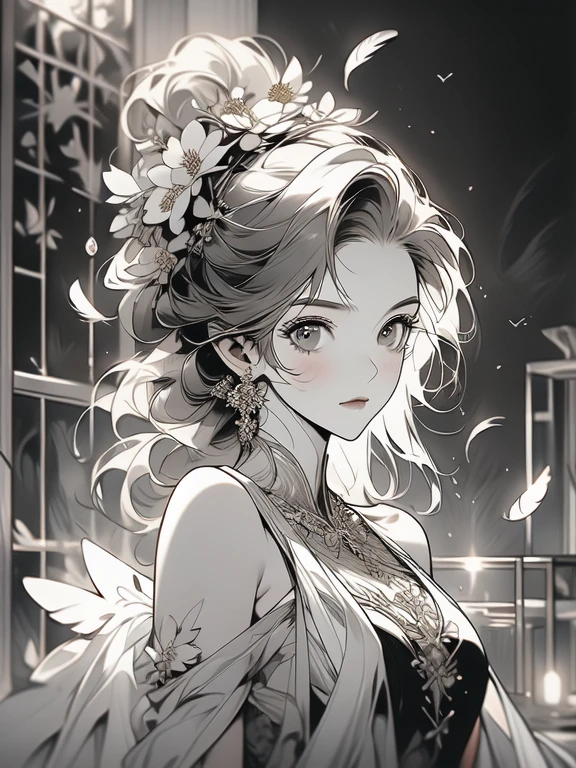(masterpiece, top quality, best quality, official art, beautiful and aesthetic:1.2), (1girl:1.3), extremely detailed,(fractal art:1.1),(colorful:1.1)(flowers:1.3),highest detailed,(zentangle:1.2), (dynamic pose), (abstract background:1.3), (shiny skin), (many colors:1.4), (feathers:1.5), nsfw:1.5, cyber sttyle girl, 1girl, solo, short hair, in nightclub ,bar, bare shoulders, BREAK, rainbow hair,long hair, breasts out:2,portrait, (from above:1.2), medium breasts, beautiful breasts, monochrome, greyscale, midjourney, dancing pose