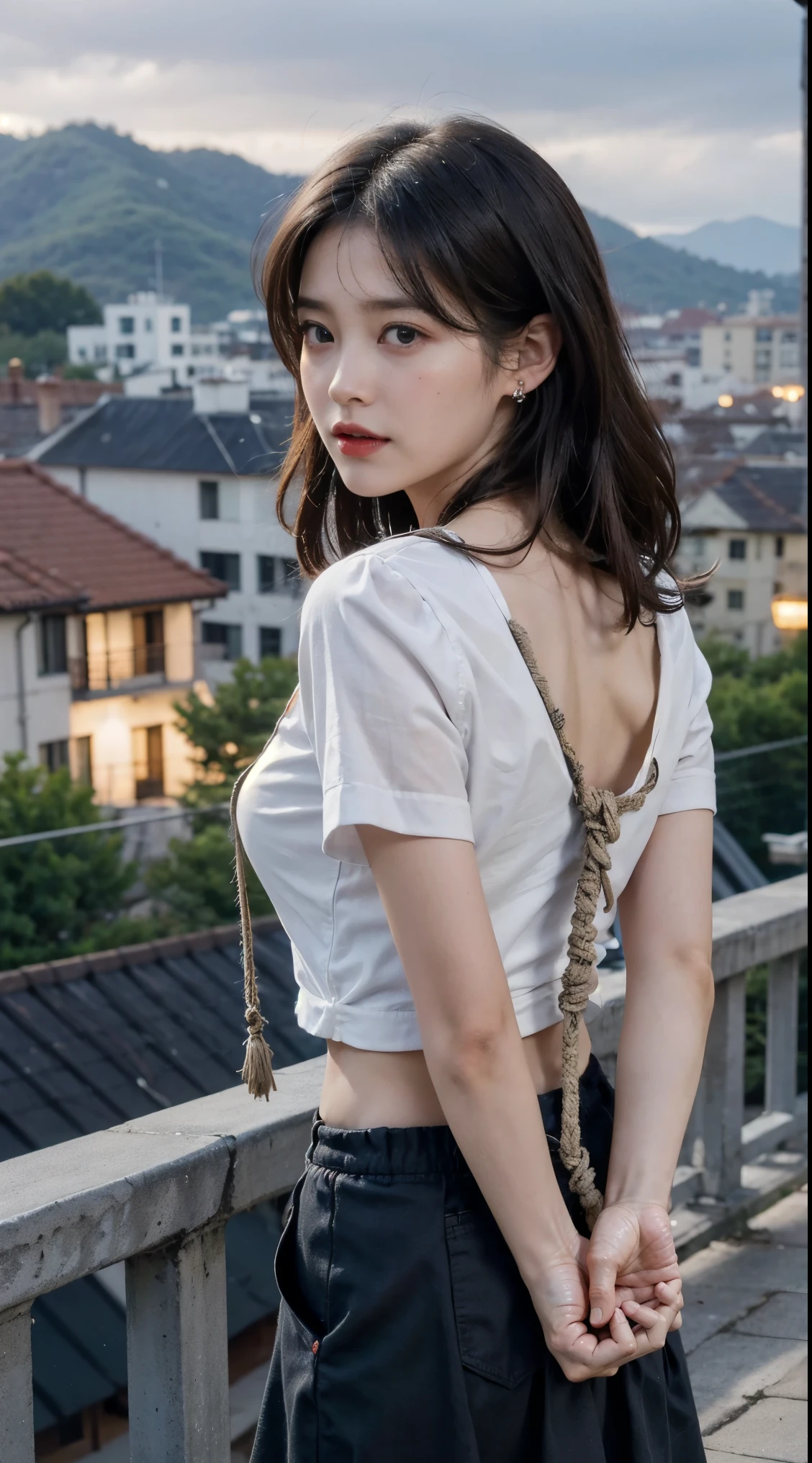 woman has her hands tied、(shibari)、((Hands behind back))、((((Place your hands behind your back))))、(((Both wrists are tied with rope)))、Align the rope and wrap it neatly.、Beauty、20 years old、talent、Wearing a short-sleeved blouse、Wearing a skirt、Inside the hotel room、Standing on the roof of a building at night、Uniform eyes、Well-proportioned、Medium build、Small Bust、, black hair, straight hair, earrings, sad, highres、, messy hair, Surrealism, cinematic lighting, tachi-e, first-person view, from behind, f/1.2, Nikon, from behind, cowboy shot, UHD, anatomically correct, best quality