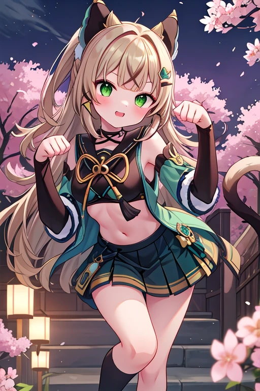 kirara, 1. Girl Tag, performer, Cherry blossom background at night,festival,High resolution,Cat Paw Pose,Very detailed,blush,Looking into the camera,A mean look,whole body,Short skirt,（1 green gemstone on left hip:2,）"Round green gemstone"1:3,（On the right side, on the hip(Offering Plate)1:2,(Offering Plate),