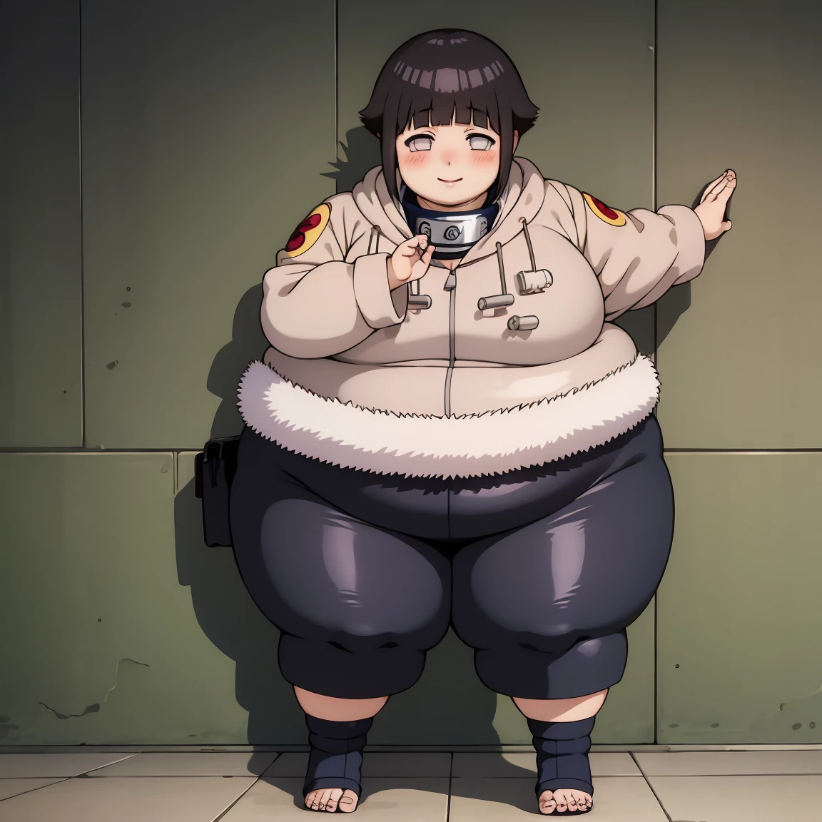 standing, shy, smile, blush, solo, 1girl, hyuuga hinata, big cheeks, ,ssbbw, severely obese ,600lbs obese female, short hair, white eyes, no pupils, small breats, black pants, jacket with fur trim, konohagakure symbol, ultra detailed, masterpiece, best quality, aesthetic, detailed