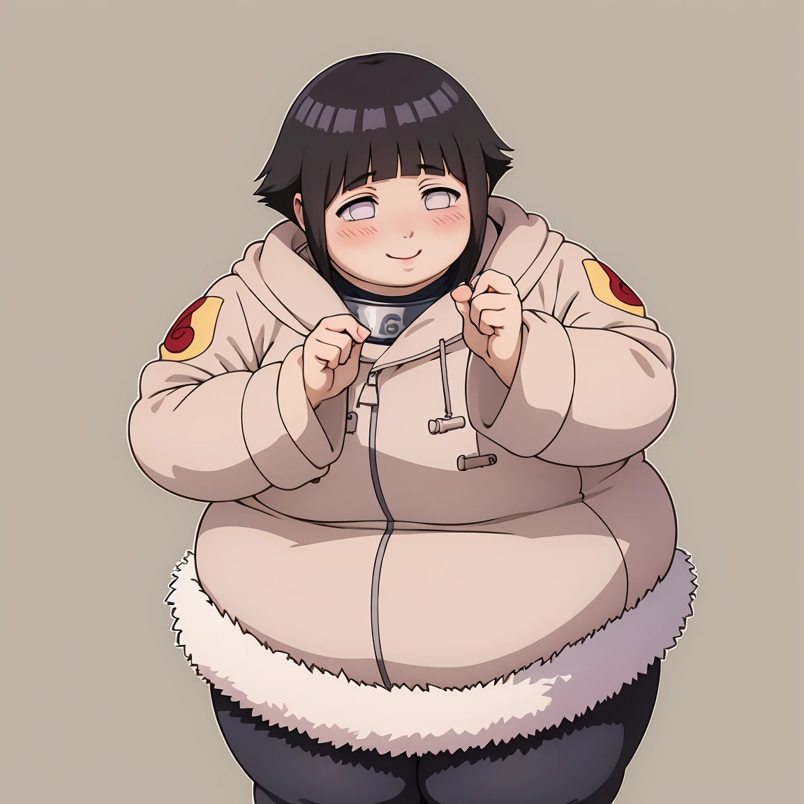 standing, shy, smile, blush, solo, 1girl, hyuuga hinata, big cheeks, ,ssbbw, severely obese ,600lbs obese female, short hair, white eyes, no pupils, small breats, black pants, jacket with fur trim, konohagakure symbol, ultra detailed, masterpiece, best quality, aesthetic, detailed