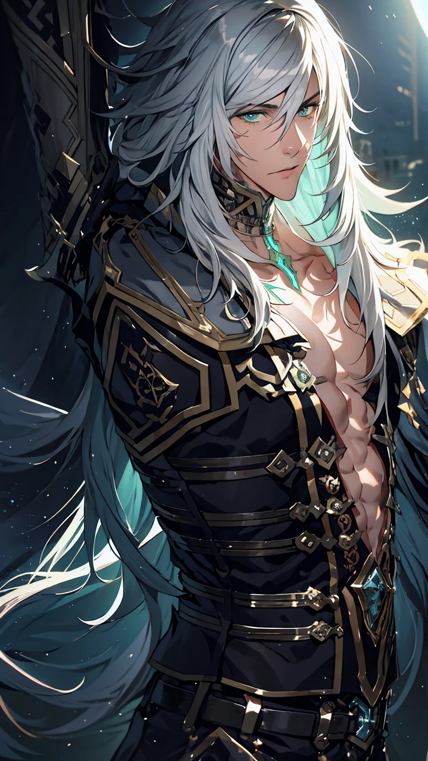 ung man,gray hair, long hair, green eyes, (male photo), solo,cool, beautiful detailed eyes,starry sky, night, best quality, 4k, masterpiece, ultra-detailed, professional, vibrant colors, sharp focus, natural lighting