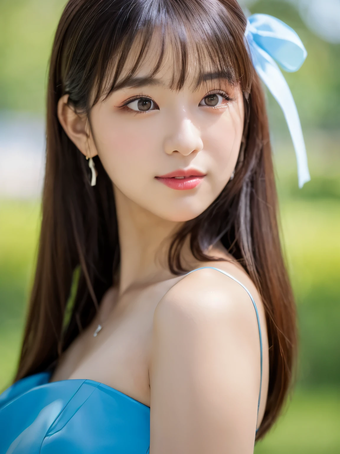 arafed woman with a blue bow and a blue dress, portrait of jossi of blackpink, captured on canon eos r 6, shot on nikon z9, shot on canon eos r 5, shot on canon eos r5, taken with canon eos 5 d mark iv, very pretty face, anime thai girl, soft portrait shot 8 k, clouse up face portrait