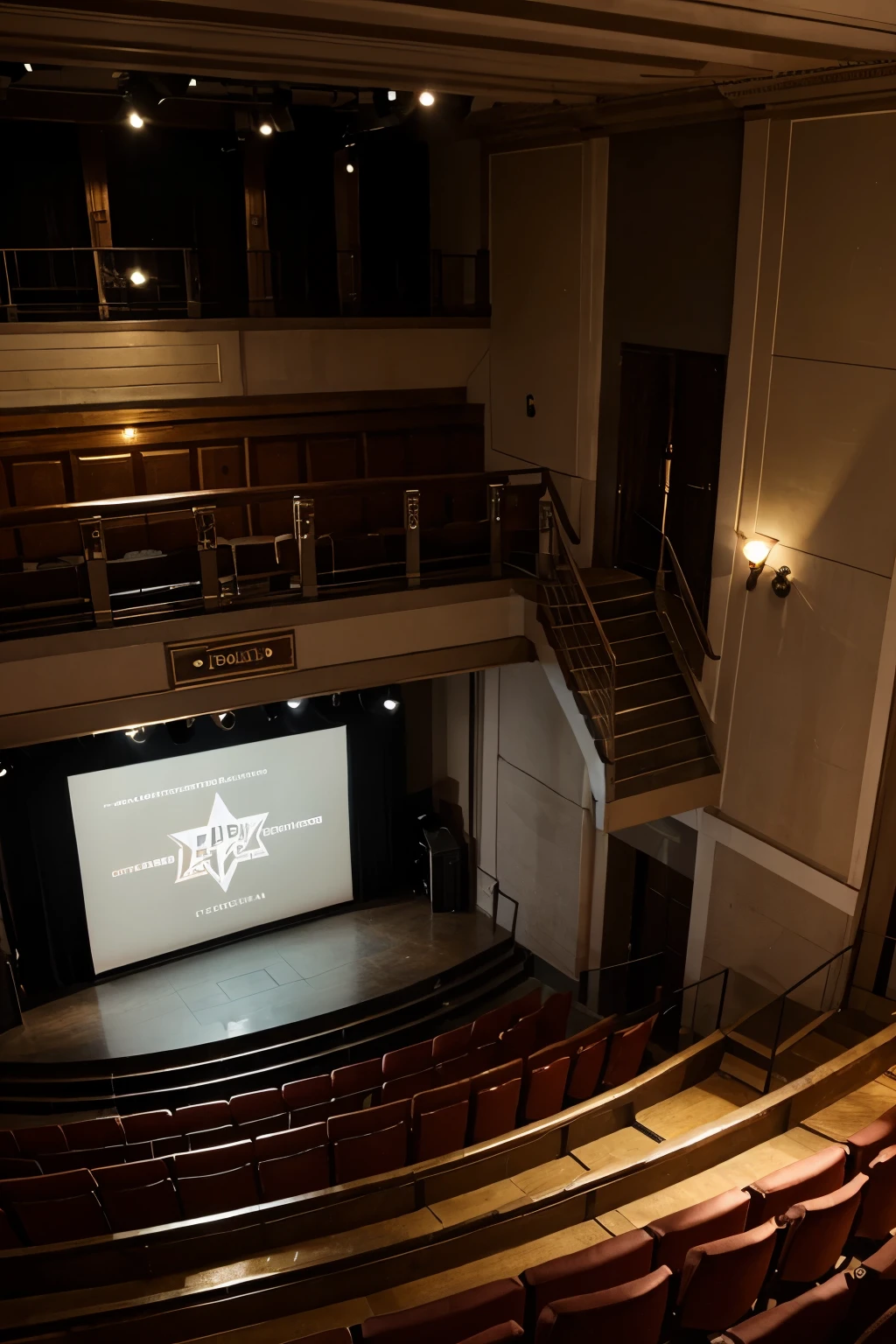Crea un teatro con una escalera en la fachada y con un letrero superior que diga: “Teatro Kolkin” 