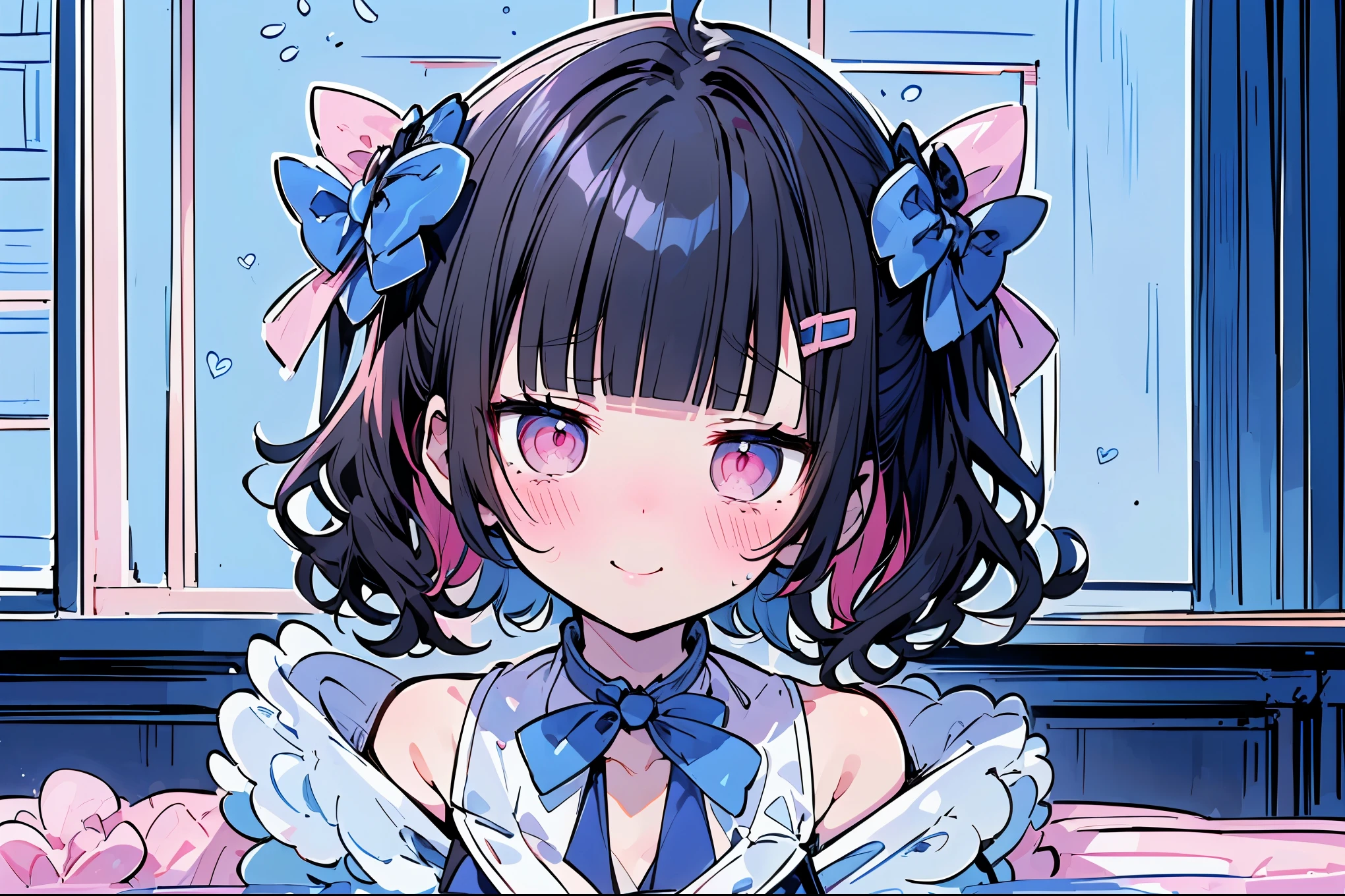 {{{{masterpiece}}}}, {{{Super detailed}}}, {{{high resolution}}},{{high resolution:1.3}}, {{good anatomy}}, (((best quality))), ((blueberry field,in school,indoor,blue theme,anime style,anime girl)),(((pink eyes,black hair streaked blue inside))),(big perfect eyes),(((formal suit in pure blue color))), hairclip, {8k cg wallpaper}, {{illustration,zoom in,focus on face,close-up shot, looking out a window}},((floating hair|blunt bangs|short hair|curly perm)),hair over shoulders,smile,(1girl:1), bride,solo,alone,(Color difference:1.2),emotionless,blushing,neat face,(medium breasts),((The details are complex、Shallow depth of field、movie lighting、a Canon EOS R5、50mm lens、f / 2.8、shot at 8k resolution))
