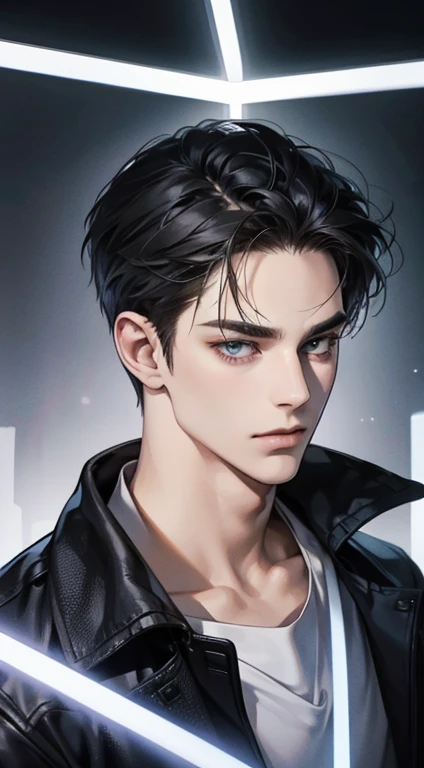 (best quality digital art digital illustration 4k high resolution beautiful image hyperdetailed image perfect lines dark lighting Wallpaper) (1:1 photorealistic) (neutral colors hdr 1.4) (anime style) an adult 25 year old man (expressionless perfect detailed face) medium black hair modern clothes dystopia