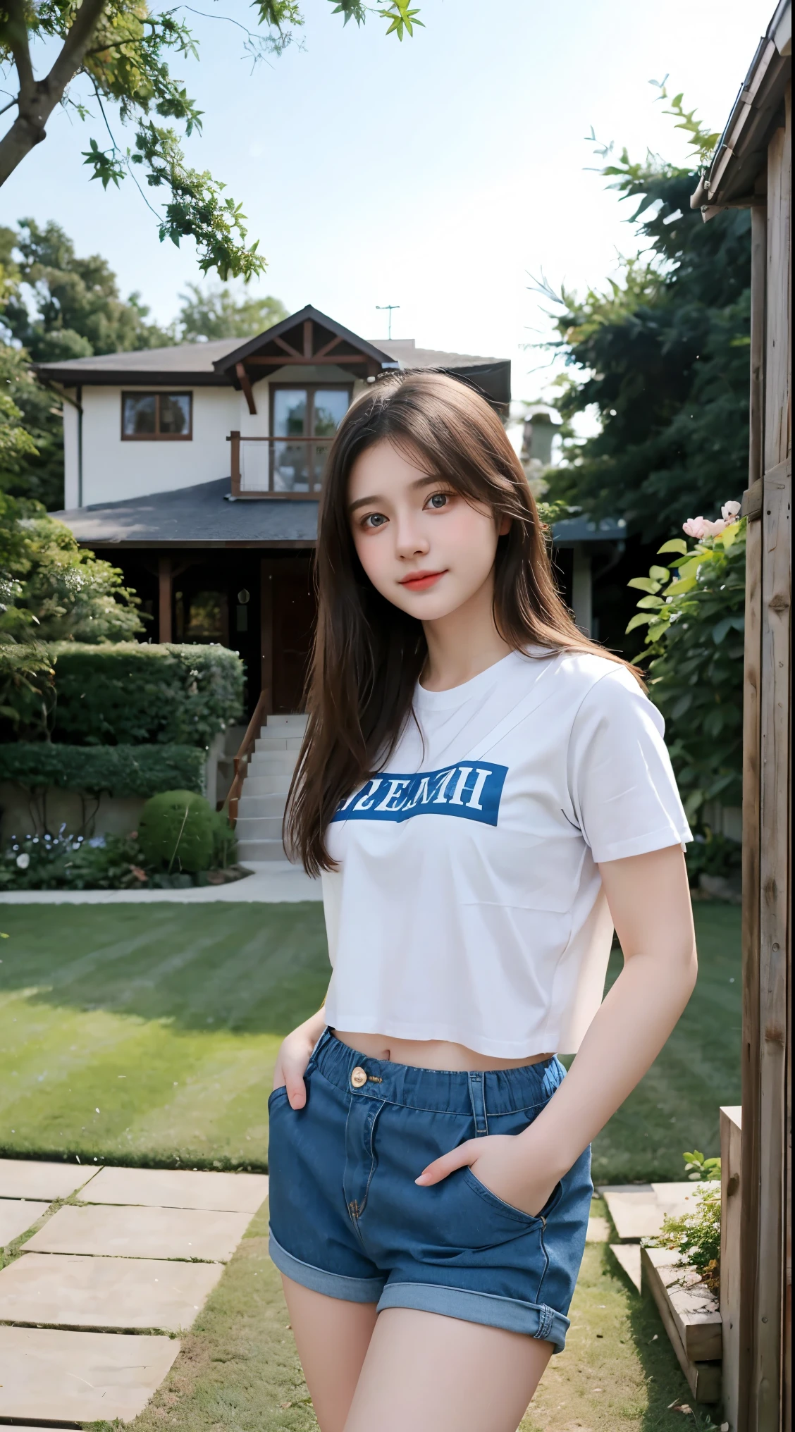 Gorgeus Girl, Beautiful, Baby Face, 20 Years Old, White Skin, Beside, Sexy Pose, Blue Eye, Bokeh, front yard of the house Background, Masterpiece, Fullbody Shot, short pants, clothes that say reza
