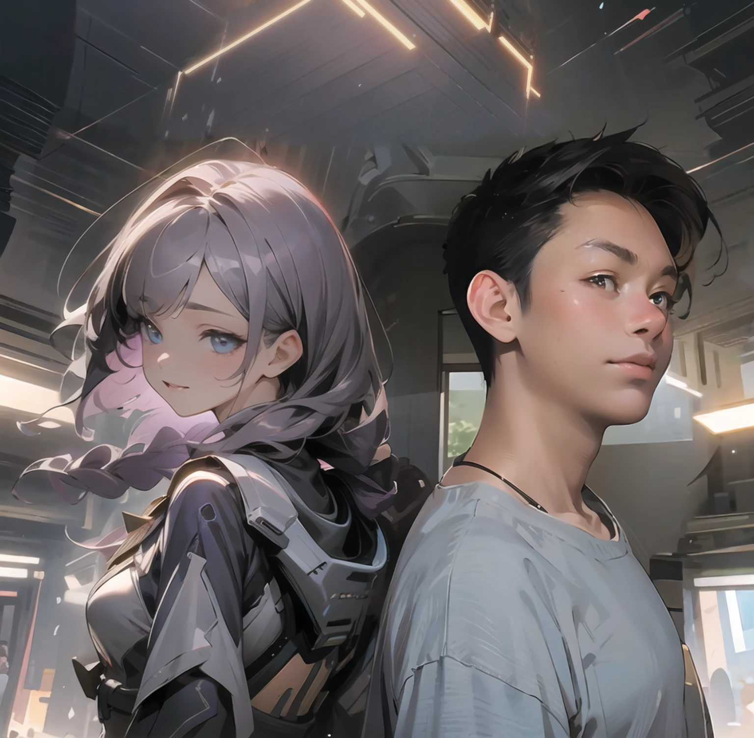 Anime characters standing side by side in the room, Artwork in the style of Guweiz, Akihiko Inoue and Ross Tran, Ross Tran 和 Bayard Wu, ross tran and ilya kuvshinov, Krenz Kushat and Lin Wenjun, Loish 和 Ross Tran, guweiz, Artgerm and Atey Ghailan