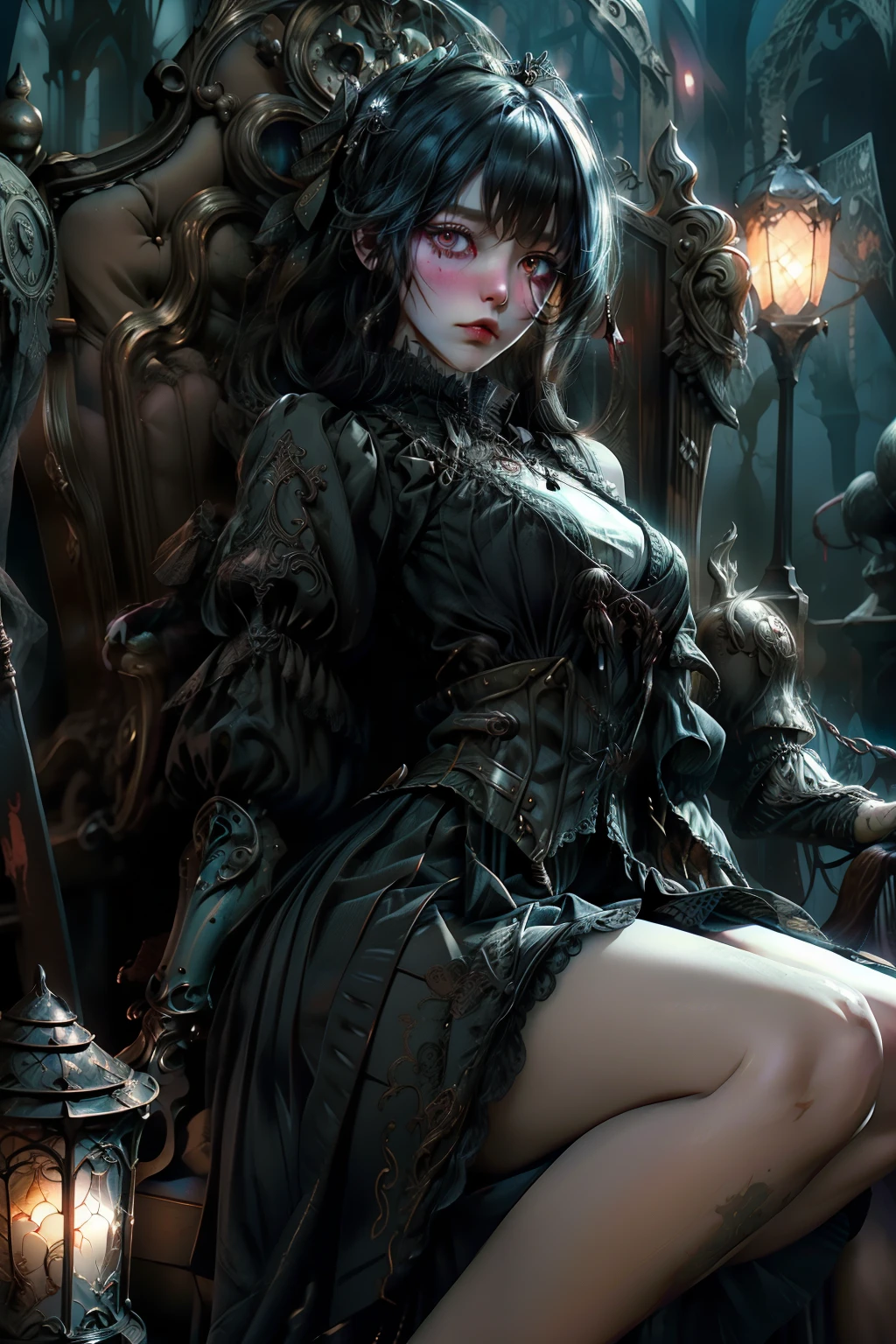 ((best quality)), ((masterpiece)), (detailed), an empty vacant throne, grand in scale and intricacy, blurring the lines between throne and shrine, Bloodborne inspired, occult aesthetic, occult, detailed and intricate steampunk and detailed gothic, NSFW, Very dramatic and cinematic lighting, cosmic horror, grim-dark, side-lighting, perfect face, a beaituful goddess valkyrie enshrined in armour, Bloodborne inspired valkyrie, occult aesthetic valkyrie, occult valkyrie, detailed and intricate steampunk and detailed gothic valkyrie, Fluttering lace flared long knee length dress with frilly petticoats, long dress, knee length dress, pleated petticoats, lolita dress, petticoats gothic lolita, side-lighting, NSFW, gothic lolita, beautiful small breasts, full body, whole body, body