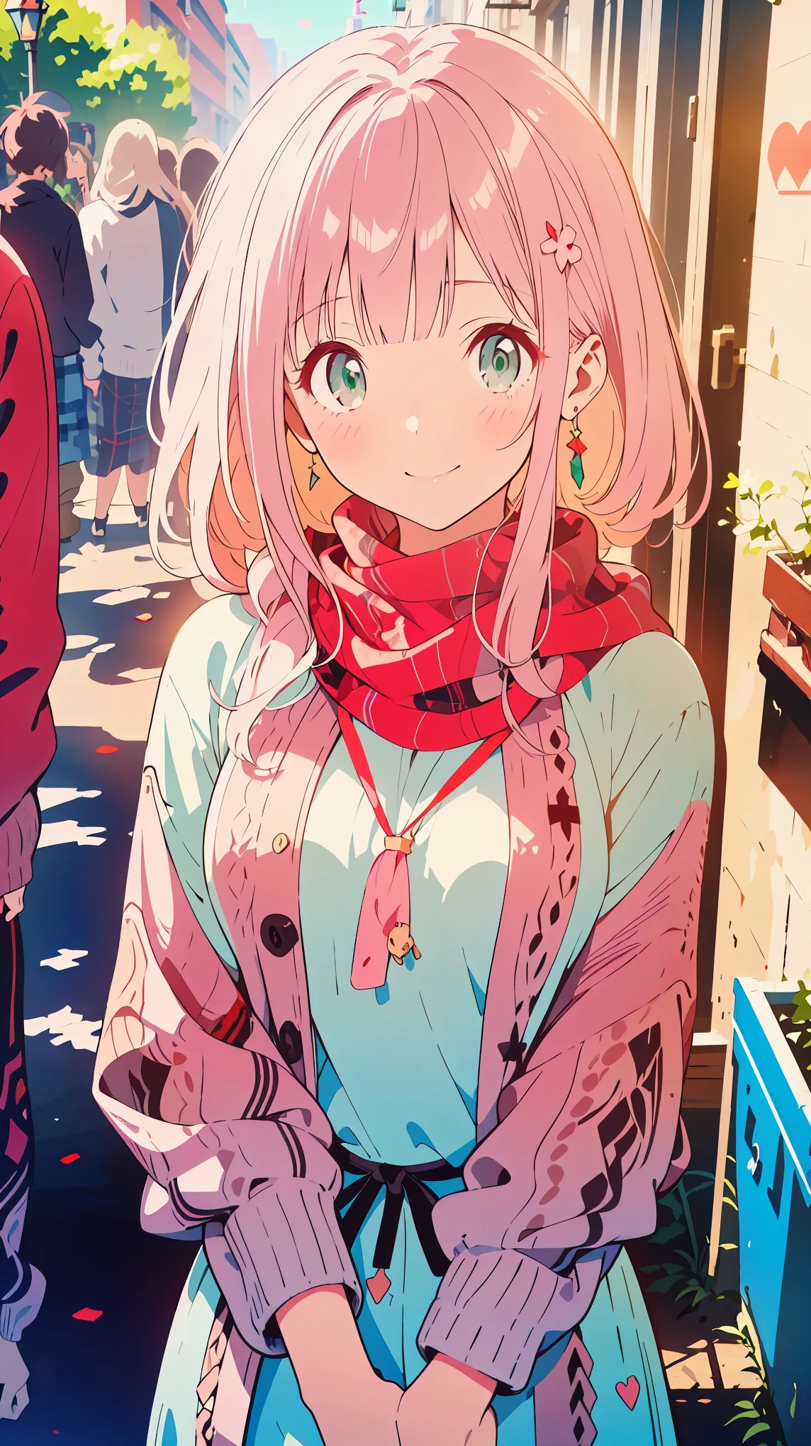 {{{{tmasterpiece}}}}, {{{ultra - detailed}}}, {{{A high resolution}}}, {{Good anatomy}}, (((Best quality at best))), ((Maximalism)),((Emerald eyes,with pink hair)),{{Extremely detailed and refined}}, {8k CG wallpaper}, {{illustratio,Get on camera,closeup of face,Face portrait}}, (long  hair|straight hair|white hair|detailed hair|blunt bangs|shinny hair),((plaid blouse: The red and brown,vintage hairstyle,cardigan,brown and gray knitted scarf)),proud face,ear rings,Blushing with joy,girlfriend lens,(1 girl:1), Alone,little breast, (color difference:1.2)
