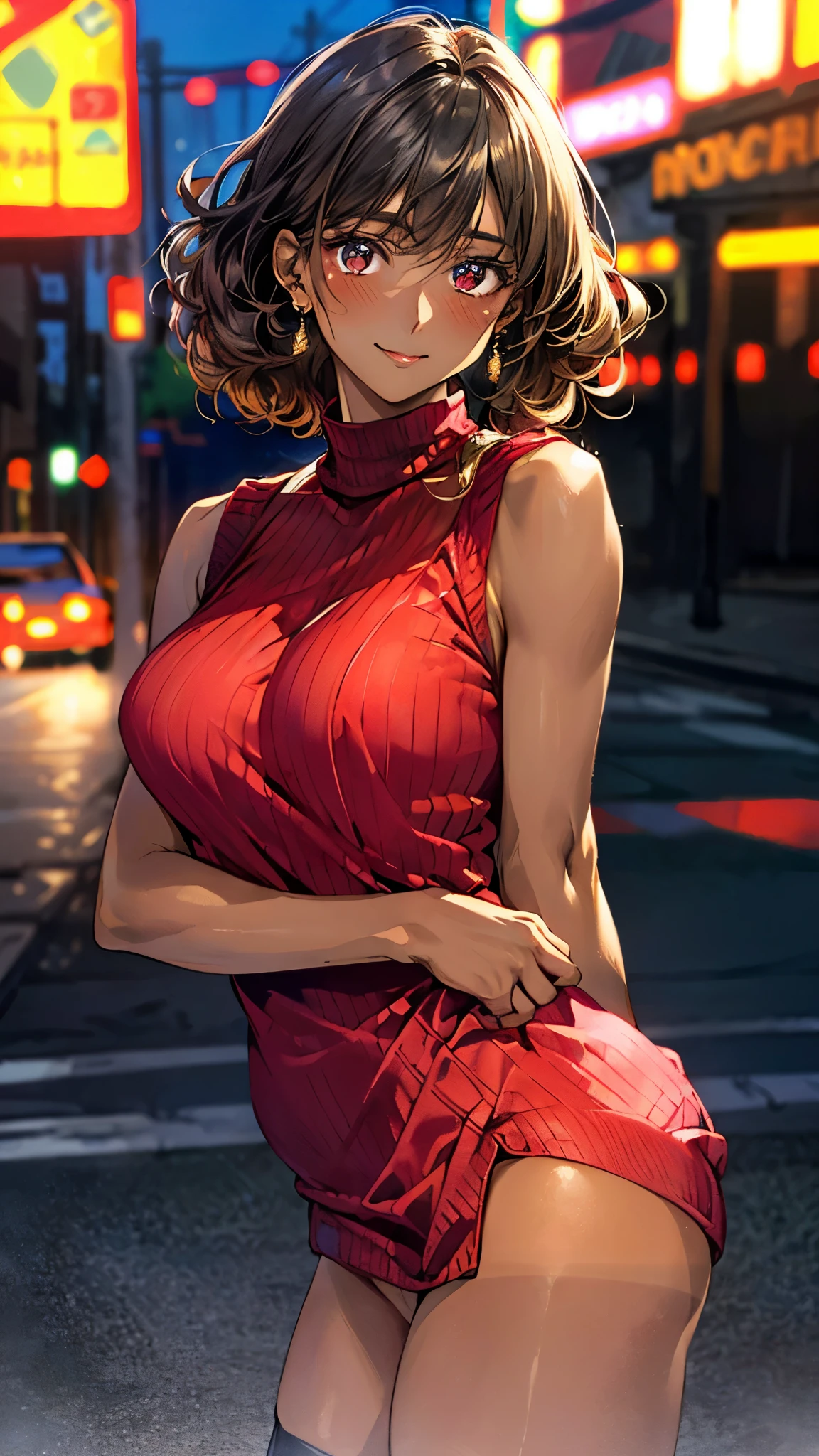 (masterpiece:1.3, top-quality, ultra high res, ultra detailed), (realistic, photorealistic:1.4), beautiful illustration, perfect lighting, natural lighting, colorful, depth of fields,
beautiful detailed hair, beautiful detailed face, beautiful detailed eyes, beautiful clavicle, beautiful body, beautiful chest, beautiful thigh, beautiful legs, beautiful fingers,
looking at viewer, (breast focus), 1 girl, 19 years old, (perfect anatomy, anatomically correct, super detailed skin), cute and symmetrical face, face, shiny skin, (tanned dark skin:1.5),
(short hair, curly up hair, blonde hair), swept bangs, dark red eyes, shining eyes, long eyelashes, (slightly larger breasts, perfect round butt), perfect face, perfect eyes, outstanding style, ,
((red sleeveless high neck sweater dress:1.4), black pantyhose, high heels), earrings, gold necklace,
(beautiful scenery), night, (neon city), standing, (captivating smile, turn around),