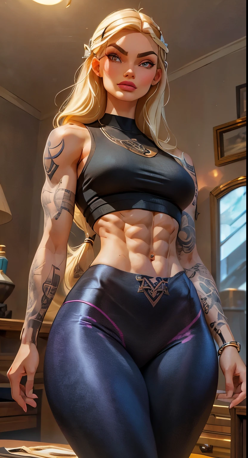 1 girl, long blonde straight hair, dynamic pose , colorful stylized leggings with sleeveless top, close up shot, ((hot Body, abs)), fit body, ((tattooed arma)), barock style mirror room background, (((viking barbie face))).