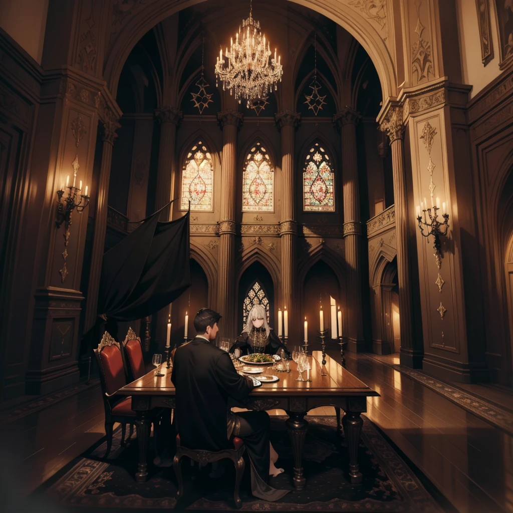 better quality, detailded,8k, obra de arte, Interior Gothic castle, Lounge, Dining table, Shiny,, imposing, Gray stone, detailded, Dark wood floors, Sun sunset, Through the window I could see the sunset sun, Imposing pointed windows, Gothic architecture, Large dark wood dining table, Banquet for two, Two dishes on the table, Medieval woodwoods, candlelit, House of Vampires, Elegant chandelier, dark color theme, Wall art, The camera is far away, Wide field of view, Cinematic feel, cold lighting, Grey stone walls from the Middle Ages, Arte, Varied meals, liquor, long table, palace