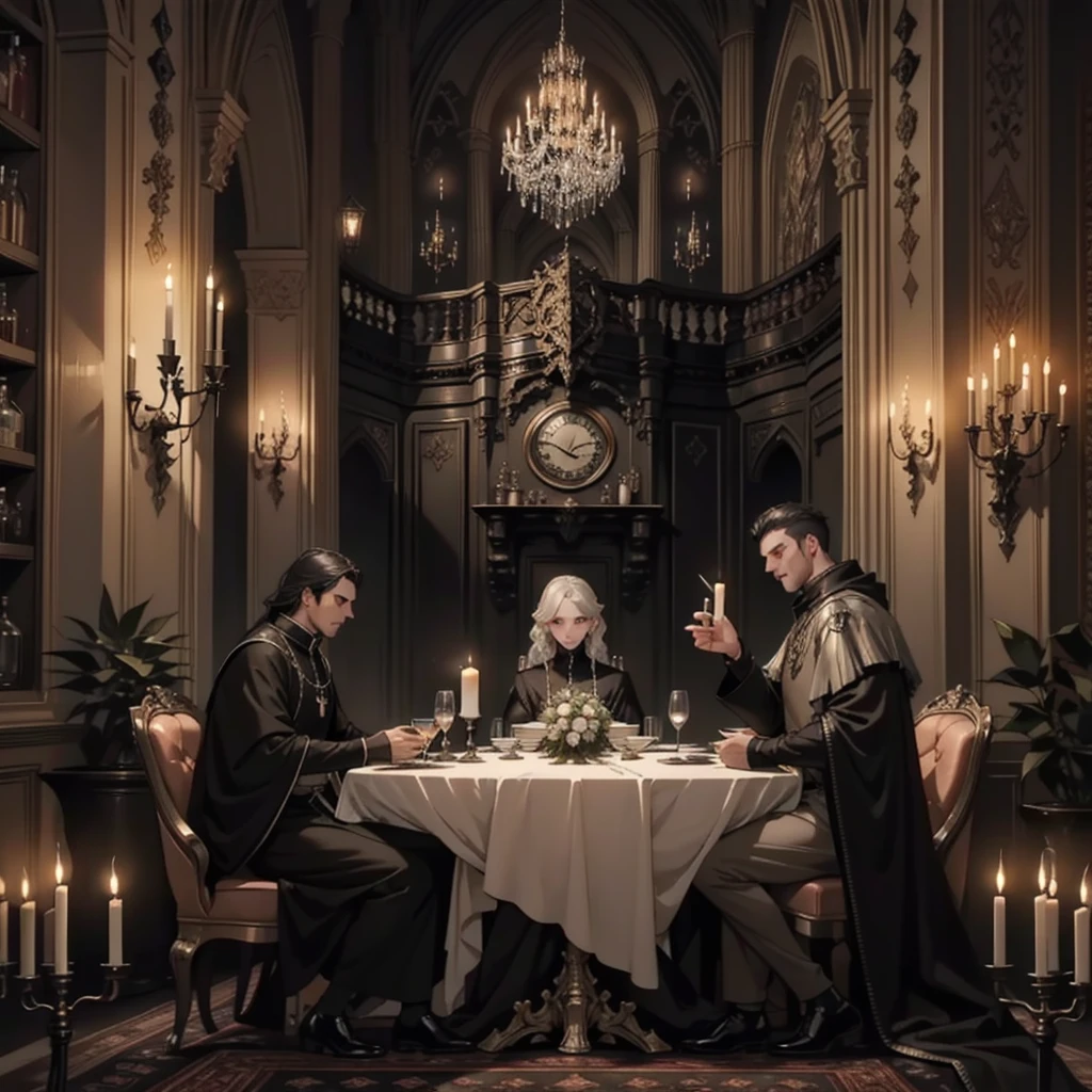 better quality, detailded,8k, obra de arte, Interior Gothic castle, Lounge, Dining table, Shiny,, imposing, Gray stone, detailded, Dark wood floors, Sun sunset, Through the window I could see the sunset sun, Imposing pointed windows, Gothic architecture, Large dark wood dining table, Banquet for two, Two dishes on the table, Medieval woodwoods, candlelit, House of Vampires, Elegant chandelier, dark color theme, Wall art, The camera is far away, Wide field of view, Cinematic feel, cold lighting, Grey stone walls from the Middle Ages, Arte, Varied meals, liquor, long table, palace