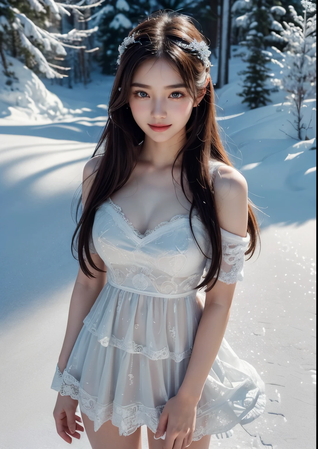 a beautiful young korean girl, heavy snowfall, ((above-knee length dress)), ((multi layer Red colour Lace mini dress)), beautiful soft thighs, (Slender girl), long flowing hair, porcelain skin, medium expressive eyes, delicate facial features, elegant pose, snowflakes falling all around, snowy winter landscape, ethereal and magical atmosphere, (best quality,4k,8k,highres,masterpiece:1.2),ultra-detailed,(realistic,photorealistic,photo-realistic:1.37),detailed facial features,intricate details in dress and hair,dramatic lighting,moody blue and white color tones,cinematic composition, beautiful face, realistic face, realistic skin, realistic smile, realistic atmosphere, every thing is realistic, cutest smile, realistic body, realistic body language, cute face, stylish look, bright skin, close up pine tree leaps covered heavy snow fall, ((upper Body shot:1.6)), Cute, Sweet, Award winning Photography, ((standing on Snowfall)), Detailed background, Detailed dress, High resolution, High contrast, Vivid Colours, small snow covered road, happy face expression,