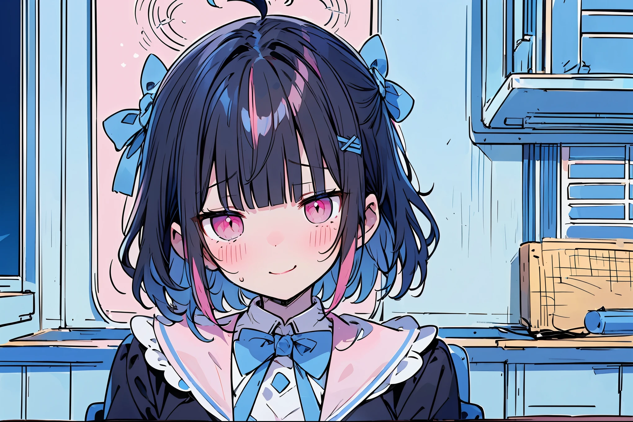 {{{{masterpiece}}}}, {{{Super detailed}}}, {{{high resolution}}},{{high resolution:1.3}}, {{good anatomy}}, (((best quality))), ((blueberry field,in school,indoor,blue theme,anime style,anime girl)),(((pink eyes,black hair streaked blue inside))),(big perfect eyes),(((formal suit in pure blue color))), hairclip, {8k cg wallpaper}, {{illustration,zoom in,focus on face,close-up shot, looking outside}},((floating hair|blunt bangs|short hair|soft hair)),hair over shoulders,smile,(1girl:1), bride,solo,alone,(Color difference:1.2),emotionless,blushing,neat face,(medium breasts),((The details are complex、Shallow depth of field、movie lighting、a Canon EOS R5、50mm lens、f / 2.8、shot at 8k resolution))