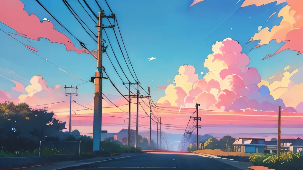 No humans, Outdoors, Power lines, skyporn, utility pole, tree, Scenery, Traditional Media, day, cloud, plant, Blue sky, volcano road, building, bush, palm tree, Painting (Medium), watercolor paiting (Medium), Town, retrowave, vaporwave, sunset drive