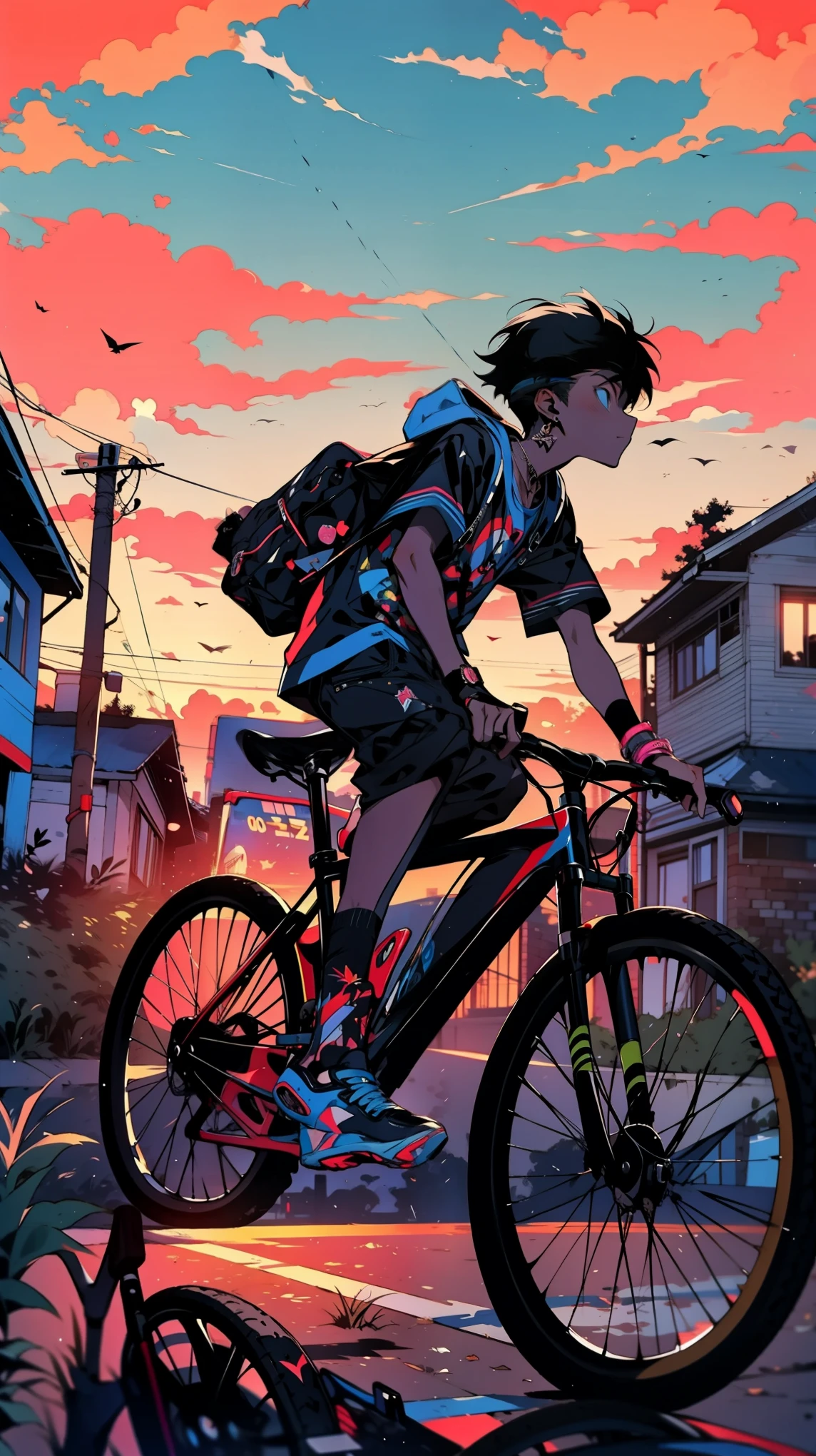 thin outlines, anime style, cool and edgy, A ager riding his bike through a suburban neighborhood at sunset, the sky painted with vibrant colors, evoking a sense of adventure and freedom, cinematic lighting, epic atmosphere, nostalgic 90s internet aesthetics, random elements like floating geometric shapes, fashionable, posing, colorful, confident, expression, accessory, coiled, around, stylish, striking, modern, fashion