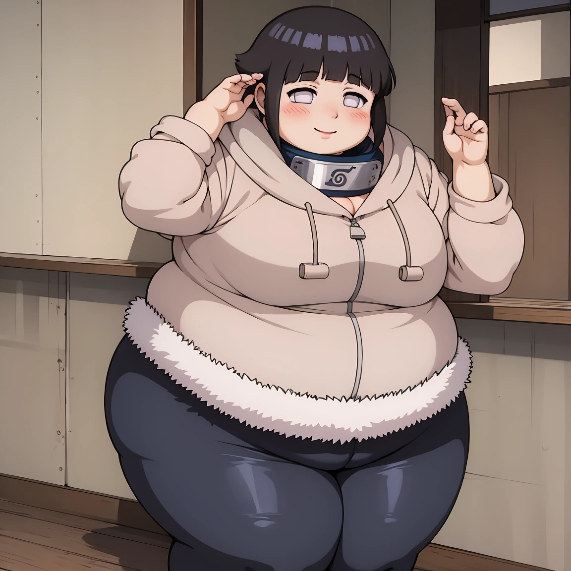 standing, shy, smile, blush, solo, 1girl, hyuuga hinata, big cheeks, ,ssbbw, severely obese ,600lbs obese female, short hair, white eyes, no pupils, small breats, black short, jacket with fur trim, konohagakure symbol, ultra detailed, masterpiece, best quality, aesthetic, detailed