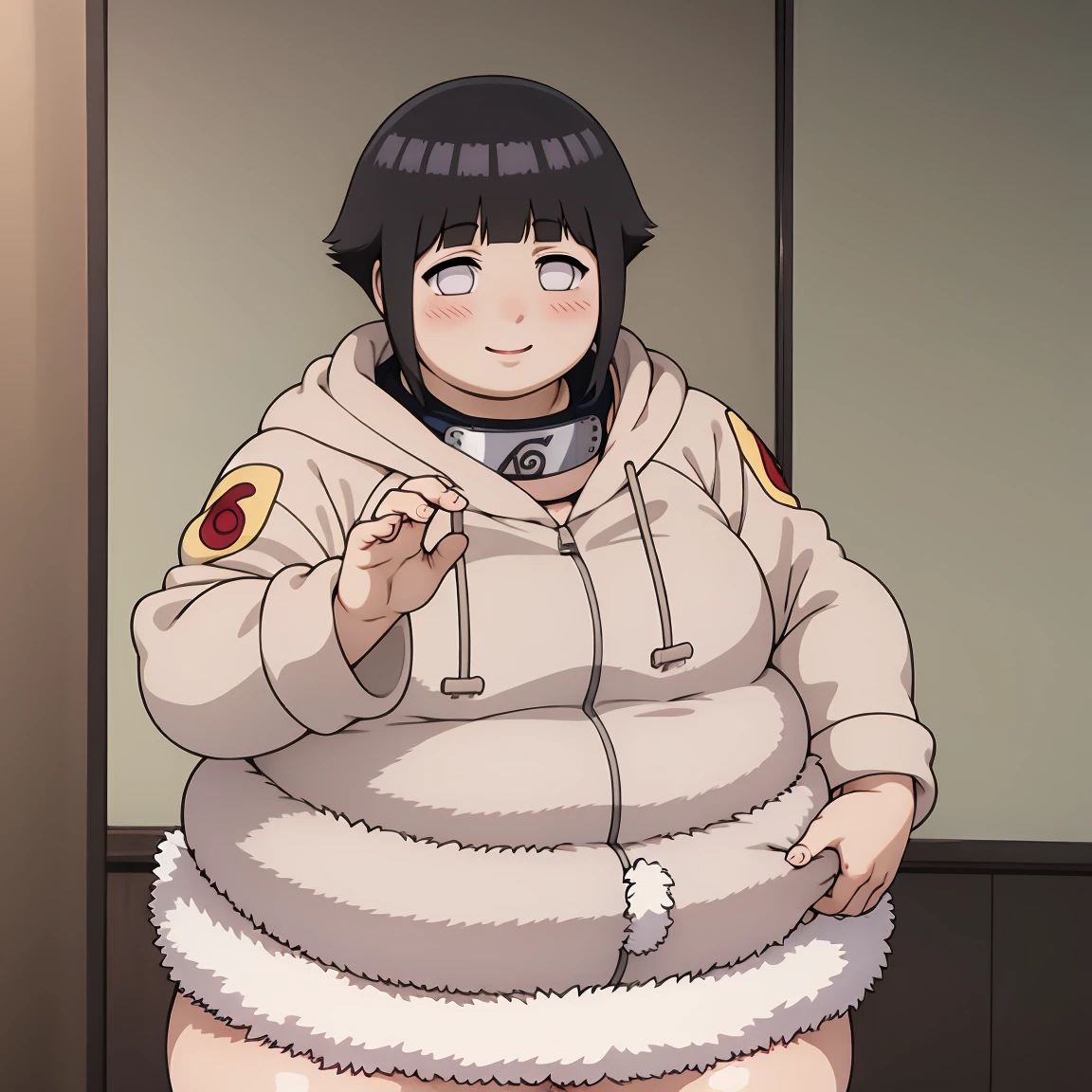 standing, shy, smile, blush, solo, 1girl, hyuuga hinata, big cheeks, ,ssbbw, severely obese ,600lbs obese female, short hair, white eyes, no pupils, small breats, black short, jacket with fur trim, konohagakure symbol, ultra detailed, masterpiece, best quality, aesthetic, detailed