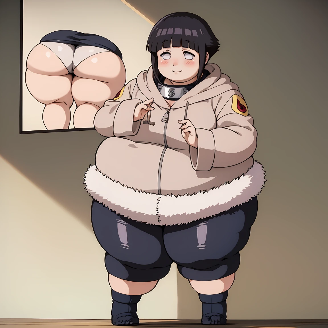 standing, shy, smile, blush, solo, 1girl, hyuuga hinata, big cheeks, ,ssbbw, severely obese ,600lbs obese female, short hair, white eyes, no pupils, small breats, black short, jacket with fur trim, konohagakure symbol, ultra detailed, masterpiece, best quality, aesthetic, detailed