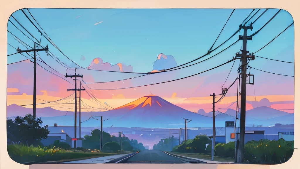No humans, Outdoors, Power lines, skyporn, utility pole, tree, Scenery, Traditional Media, day, cloud, plant, Blue sky, volcano road, building, bush, palm tree, Painting (Medium), watercolor paiting (Medium), Town, retrowave, vaporwave, sunset drive