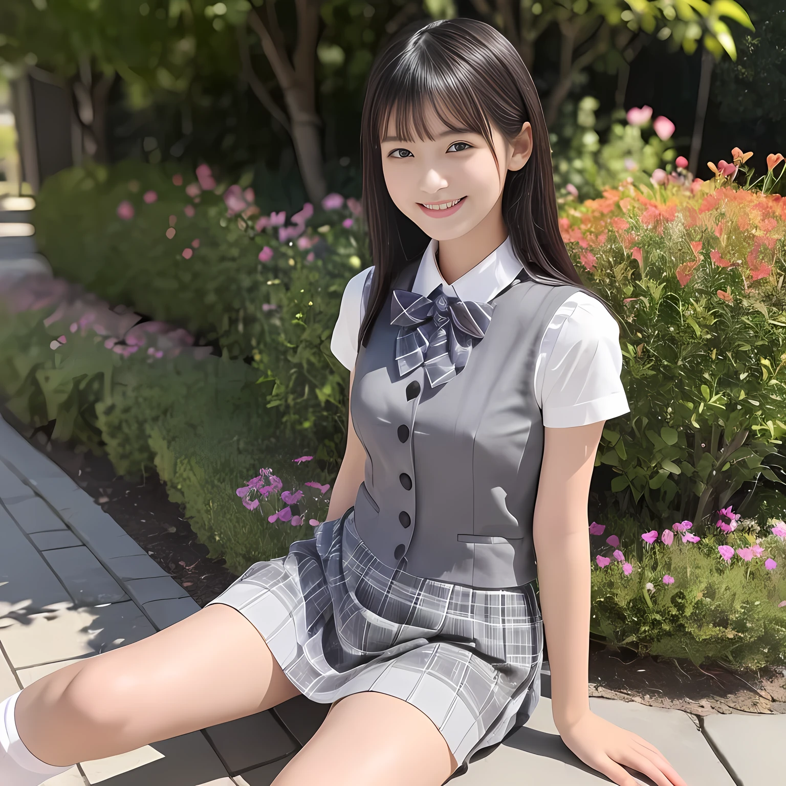 (highest quality, masterpiece:1.2), highest quality, Realistic, photograph, High resolution, 1080p, 8K, Physical Rendering, ((Height: 165cm)), (((((((A  sweet girly Japanese fashion model is seated like a fashion model and shyly smiling at the viewer))))))), solo, (((big very detailed Japanese beautiful dark brown eyes))), ((loving and laughing at me!)), detailed fingers, ((curled blunt bangs)), ((((Very noble and cute eyes)))), ((double eyelids)), (((long eyelashes))), ((cute lovely lovely laughing laughing cheeks)), (((very expressive noble smile, very sweet, very lovely face, very shy))), ((((deep red ribbon bow tie)))), ((((black very beautiful and short straight bobbed hair)))), ((((gray box-pleats long skirt and grey vest)))), noble box-pleated skirt covers knees, ((((A ivory summer blouse with puffed short sleeves)))), ((women's clothes department)), ((complexion lightening)), ((Full body shot)), Japanese girls legs, (((white socks and loafers))), ((Leather student bag)), small waist, ((plump calves))