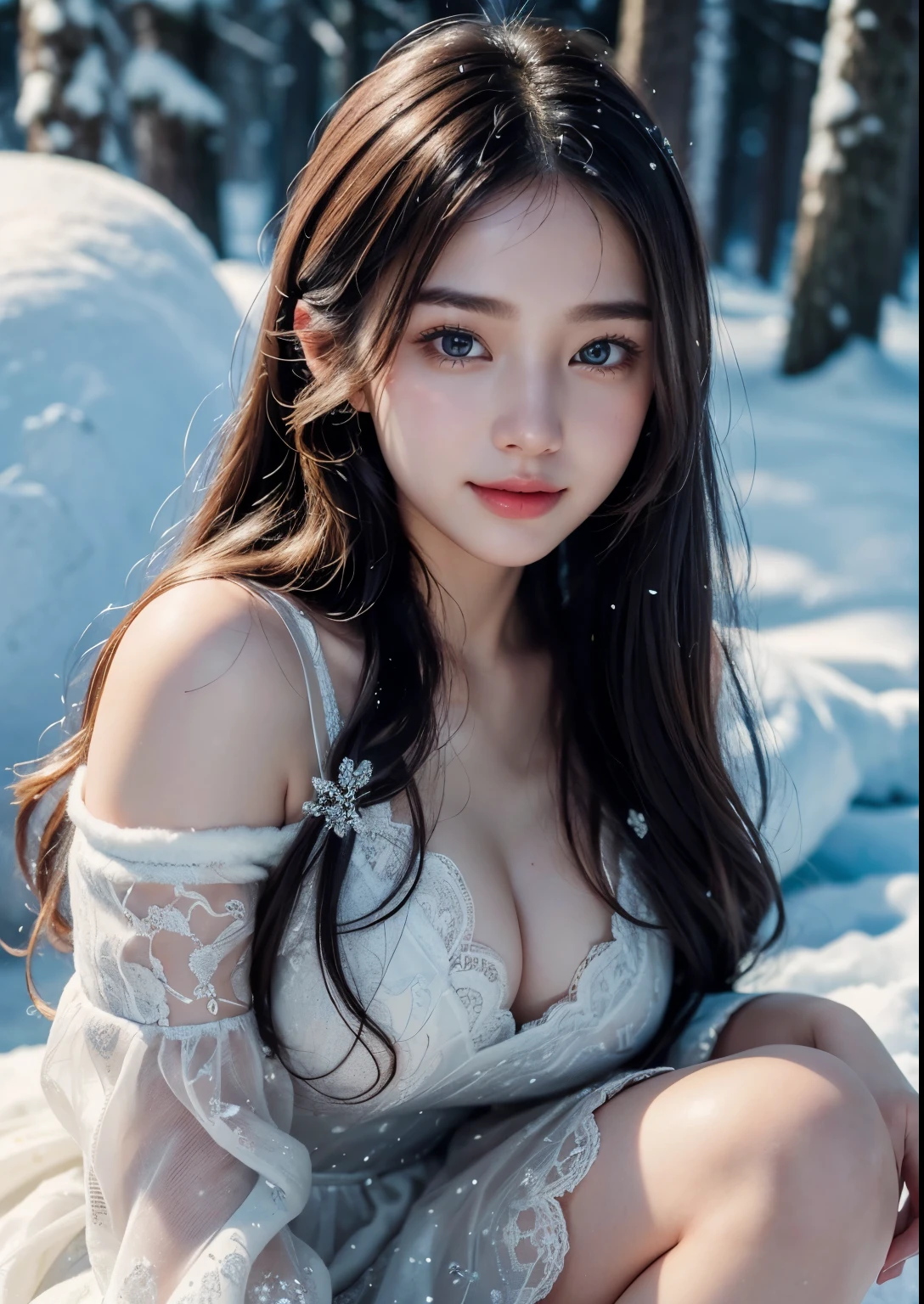 a beautiful young korean girl, heavy snowfall, above-knee length multi layered Red coloured Lace mini dress, beautiful soft thighs, Slender, long flowing hair, porcelain skin, medium expressive eyes, delicate facial features, elegant pose, snowflakes falling all around, snowy winter landscape, ethereal and magical atmosphere, (best quality,4k,8k,highres,masterpiece:1.2),ultra-detailed,(realistic,photorealistic,photo-realistic:1.37),detailed facial features,intricate details in dress and hair,dramatic lighting,moody blue and white color tones,cinematic composition, beautiful face, realistic face, realistic skin, realistic smile, realistic atmosphere, every thing is realistic, cutest smile, realistic body, realistic body language, cute face, stylish look, bright skin , close up pine tree leaps covered heavy snow fall, (upper Body shot:1.4), Cute, Sweet, Award winning Photography, Lay down on Snowfall, Detailed background, Detailed dress, High resolution, High contrast, Vivid Colours,