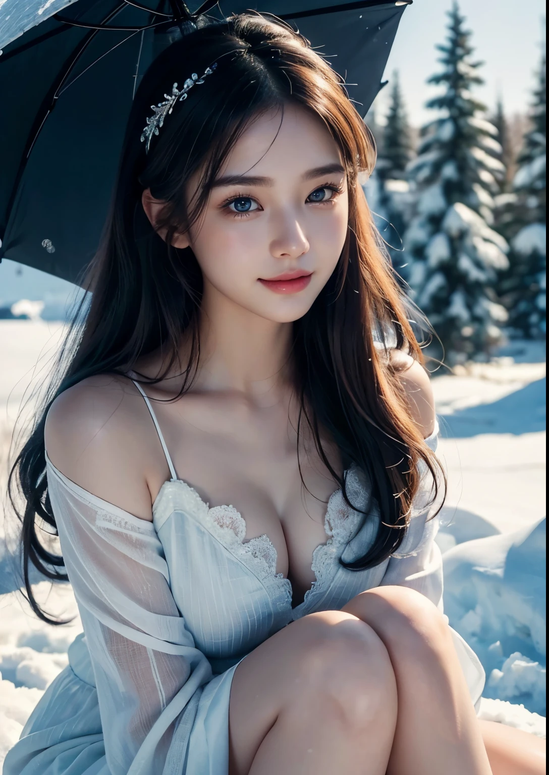 full body shot,best quality,high resolution,8 thousand,realistic,sharp focus,Realistic image of an elegant dark-haired lady,blue eyes,sparkly skin,Snow Theme,Breast exposure, Blurry light background,Epic Sky,1 girl,17 year old Korean girl with a beautiful round face,The teeth are white and uniform.,no_good,no_panties,huge breasts,,,naked