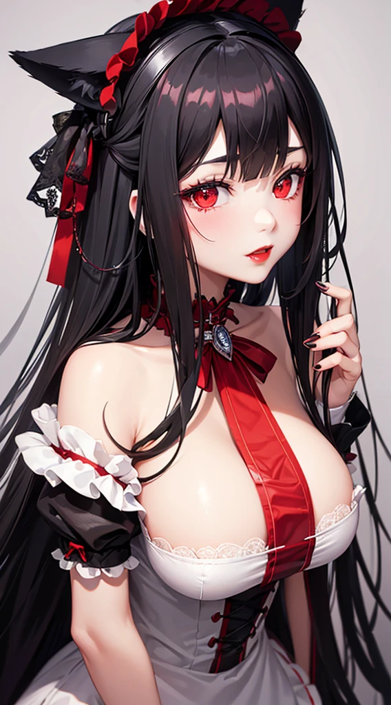 1 girl、Wolf ears，Black long hair, Charming red eyes, Radiant Skin，red lips，White lace maid outfit，Maid headdress，Slim，Large Breasts，Facial details are very detailed, handcuffs，collar，Dining room，