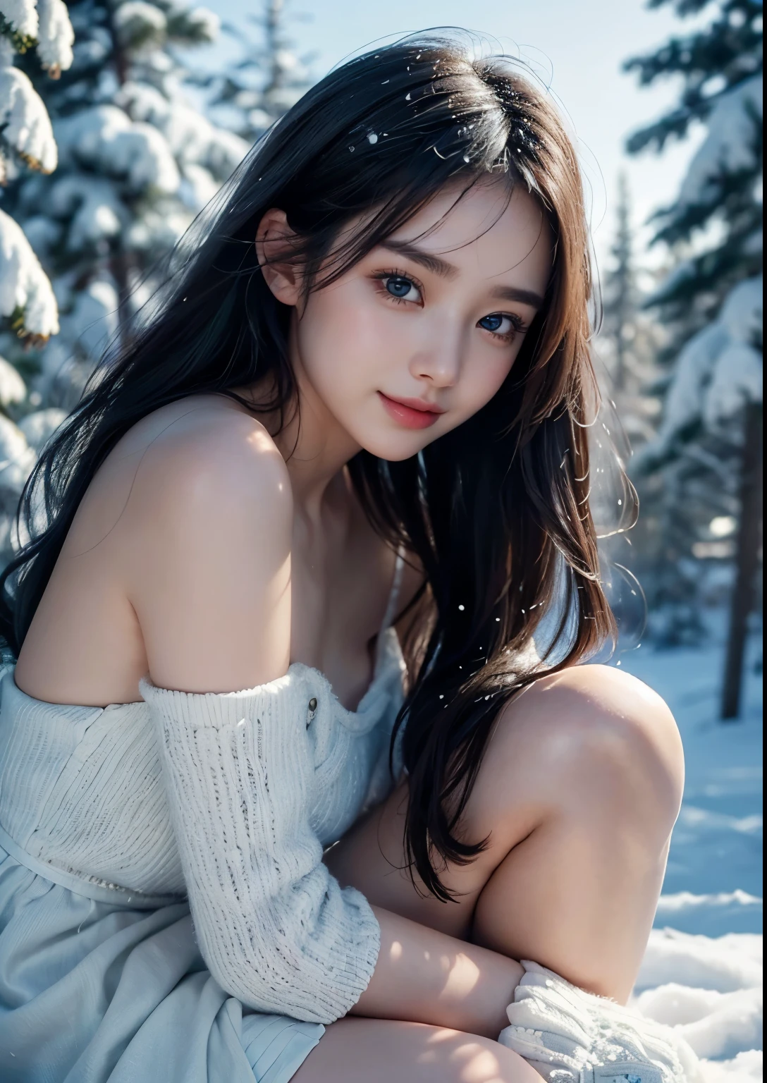 a beautiful young korean girl, heavy snowfall, above-knee length mini dress, beautiful soft thighs, Slender, long flowing hair, porcelain skin, medium expressive eyes, delicate facial features, elegant pose, snowflakes falling all around, snowy winter landscape, ethereal and magical atmosphere, (best quality,4k,8k,highres,masterpiece:1.2),ultra-detailed,(realistic,photorealistic,photo-realistic:1.37),detailed facial features,intricate details in dress and hair,dramatic lighting,moody blue and white color tones,cinematic composition, beautiful face, realistic face, realistic skin, realistic smile, realistic atmosphere, every thing is realistic, cutest smile, realistic body, realistic body language, cute face, stylish look, bright skin , close up pine tree leaps covered heavy snow fall, (upper Body shot:1.4), Cute, Sweet, Award winning Photography,