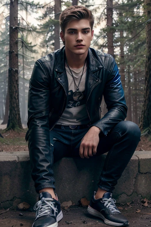 Cody Christian, Theo Raeken, Wolf, 18 years old, light brown blonde hair, short and messy, blue eyes, open black leather jacket, red t-shirt with wolf print, dark blue jeans, black tennis shoes, wolf pendant, wolf print white. forest background with fog aura around black color