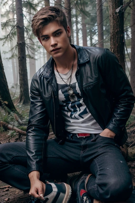 Cody Christian, Theo Raeken, Teen Wolf, 18 years old, light brown blonde hair, short and messy, blue eyes, open black leather jacket, red t-shirt with wolf print, dark blue jeans, black tennis shoes, wolf pendant, wolf print white. forest background with fog aura around black color