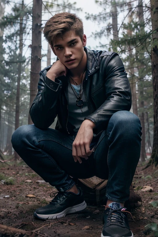 Cody Christian, Theo Raeken, Teen Wolf, 18 years old, light brown blonde hair, short and messy, blue eyes, open black leather jacket, red t-shirt with wolf print, dark blue jeans, black tennis shoes, wolf pendant, wolf print white. forest background with fog aura around black color