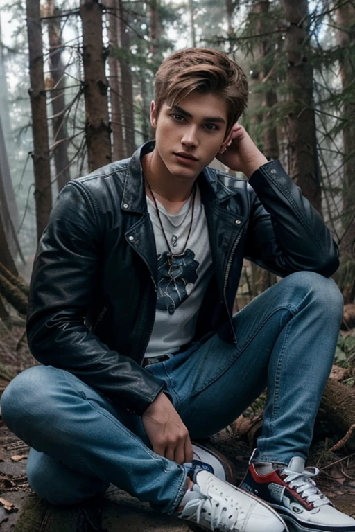 Cody Christian, Theo Raeken, Teen Wolf, 18 years old, light brown blonde hair, short and messy, blue eyes, open black leather jacket, red t-shirt with wolf print, dark blue jeans, black tennis shoes, wolf pendant, wolf print white. forest background with fog aura around black color