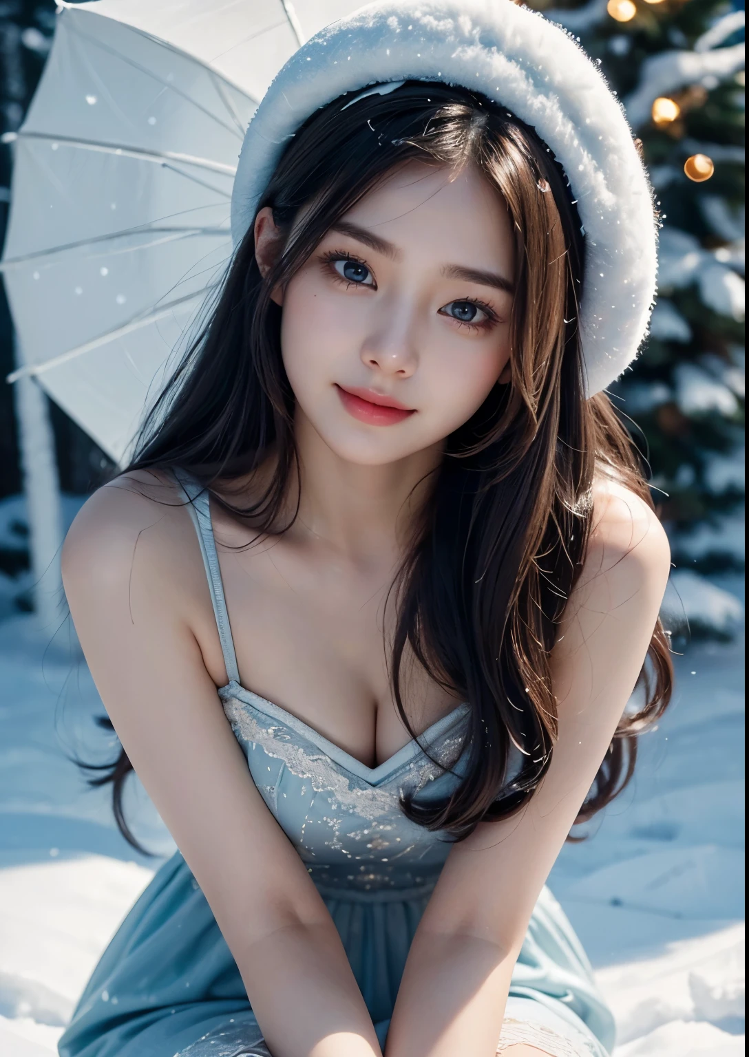 a beautiful young korean girl, heavy snowfall, above-knee length mini dress, beautiful soft thighs, Slender, long flowing hair, porcelain skin, medium expressive eyes, delicate facial features, elegant pose, snowflakes falling all around, snowy winter landscape, ethereal and magical atmosphere, (best quality,4k,8k,highres,masterpiece:1.2),ultra-detailed,(realistic,photorealistic,photo-realistic:1.37),detailed facial features,intricate details in dress and hair,dramatic lighting,moody blue and white color tones,cinematic composition, beautiful face, realistic face, realistic skin, realistic smile, realistic atmosphere, every thing is realistic, cutest smile, realistic body, realistic body language, cute face, stylish look, bright skin , close up pine tree leaps covered heavy snow fall, (upper Body shot:1.4), Cute, Sweet, Award winning Photography,