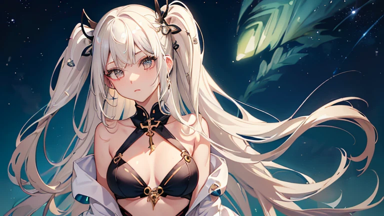 ((Best Quality)), (Ultra-detailed), ((Extremely detailed)), (Beautiful), ((Kawaii Girl)),(two side up hair).,Platinum Blonde Hair,Long hair, hair between eye, Wavy Hair, Long sideburns,Jade-colored eyes, White skin,Normal Chest,Slender body,Cross Halter Bikini,Sandals,background a pool, Night, nighttime scene, Starry sky,