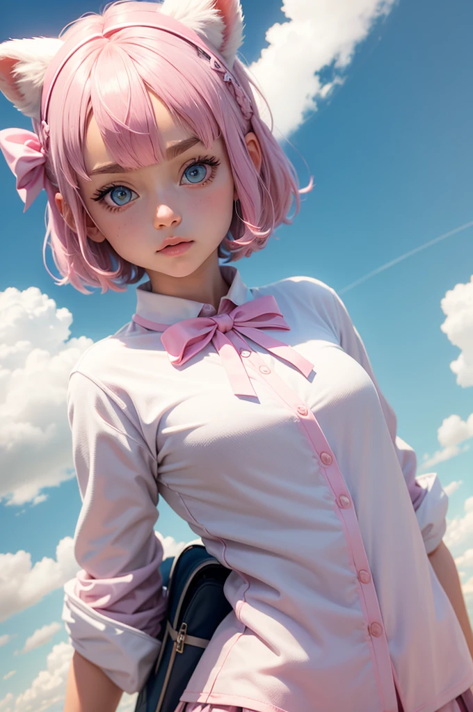 ski style, 1 girl, solo, pink hair, animal ears, blue eyes, wings, looking at the viewer, bangs, short hair, bow, sailor collar, simple background, white sailor collar, bow hair, pink bow, closed mouth, shirt, white shirt, bear ears, bob cut, mini wings, gray background, portrait, detached wings, invent, trunk, white background